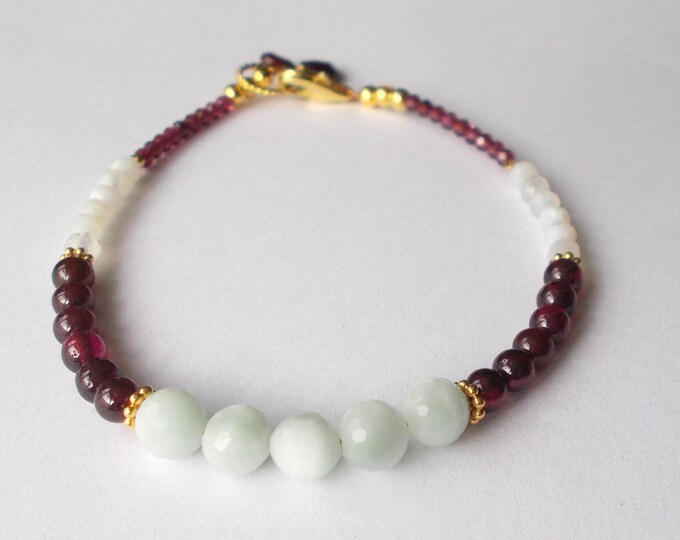 Bracelet - Delicate Red Garnet / Green Angelite and Gold Vermeil Handmade Artisan Bracelet - 7.5 inches - Gift for Her