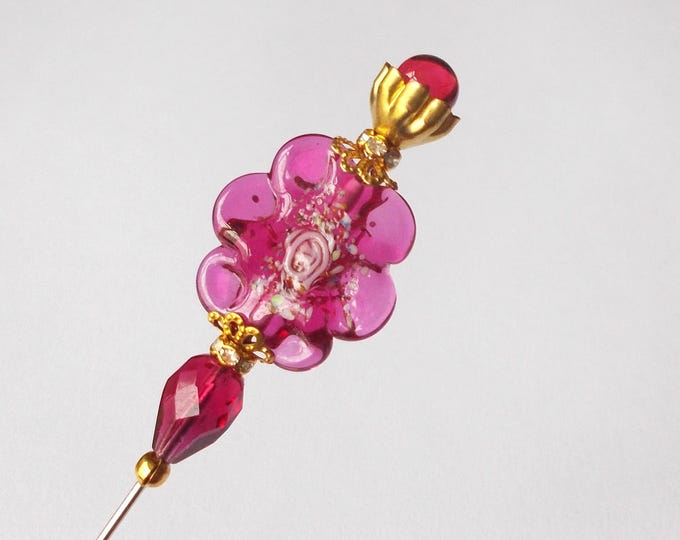 Hatpin - Limited Edition Pink Glass Flower - 7 Inches Long - 1mm Diameter Steel Pin.
