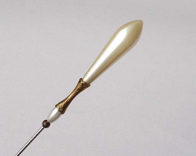 Vintage Style Faux Pearl Hatpin - Handmade Brass Tone Accessory