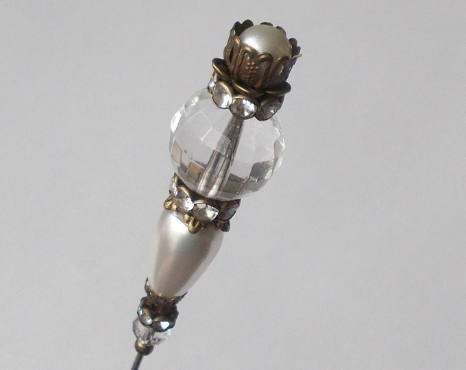 Hatpin - White Faux Pearl / Clear Glass / Antique Bronze Coloured 7 inch Handmade 1.2mm Diameter Steel Hatpin / Hat Pin