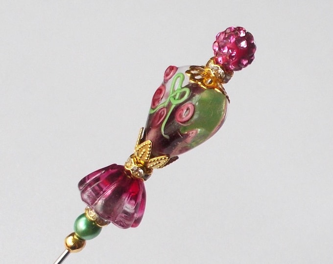 Hatpin - Pink and Green Floral Glass Heart Bead /Gold Colour Finding 6.25 inch Handmade Hatpin / 1mm Diameter Steel Hat Pin - Gift for Her