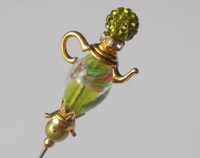 Hatpin - Gold Colour Teapot / Chartreuse Green Glass / Faux Pearl Bead Mix 5.25 inch Handmade 1.2mm Steel Hatpin / Hat Pin / Hat Pins