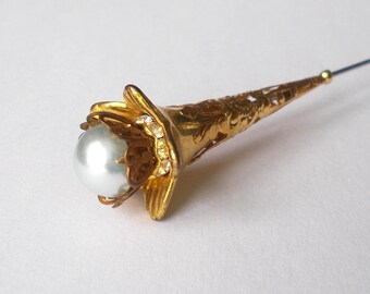 クリスマスセール❗️フランスアンティーク　18金　印字　シードバール　ハットピン② KREMENTZ ゴールド＆彫刻入り天然エンジェルスキンフラワー