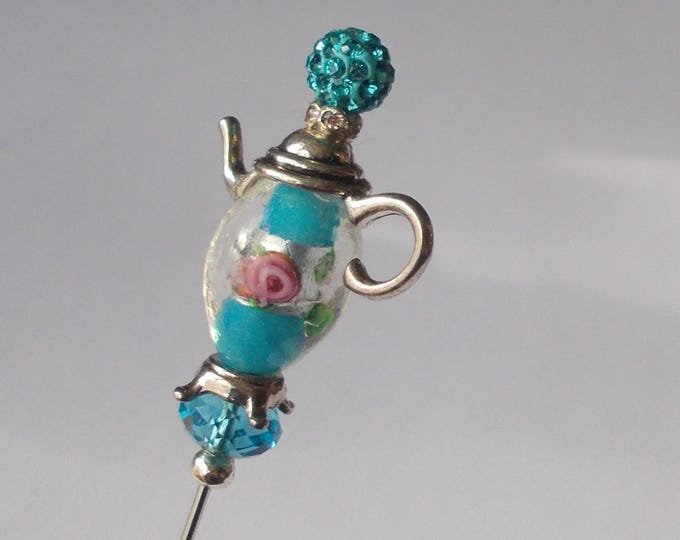 Hatpin - Silver Colour Teapot /  Blue Glass Bead Mix 4.5 inch Handmade 1mm Diameter Steel Hatpin / Hat Pin / Hat Pins / Gift for Her