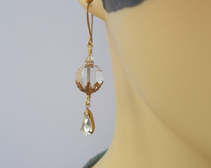 Earrings - Vintage Clear Crystal and Glass Rhinestone with Vintage Brass Findings - Earrings - Gift for Her