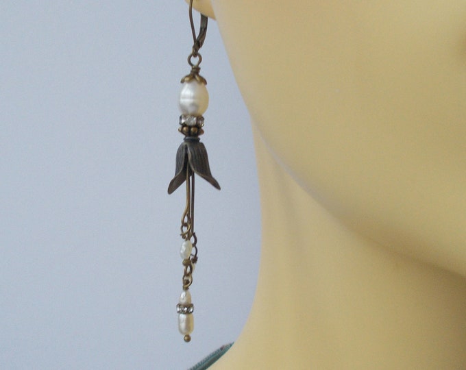 Earrings - Freshwater Pearl Snowdrop Inspired Handmade Bronze Coloured Leverhook Earrings - Gift for Her