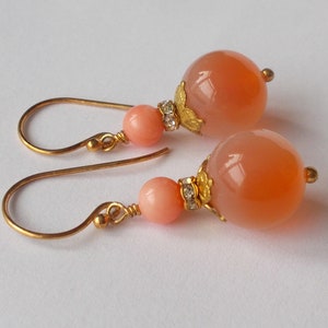 Pale Carnelian and Coral / Gold Vermeil Ear Hooks / Ornate Brass Handmade Artisan Earrings - Gift for Her