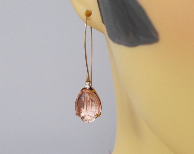 Earrings - Vintage Pale Pink Scarab Foil Backed Glass Stone and Brass Finding Earrings - Gift for Her