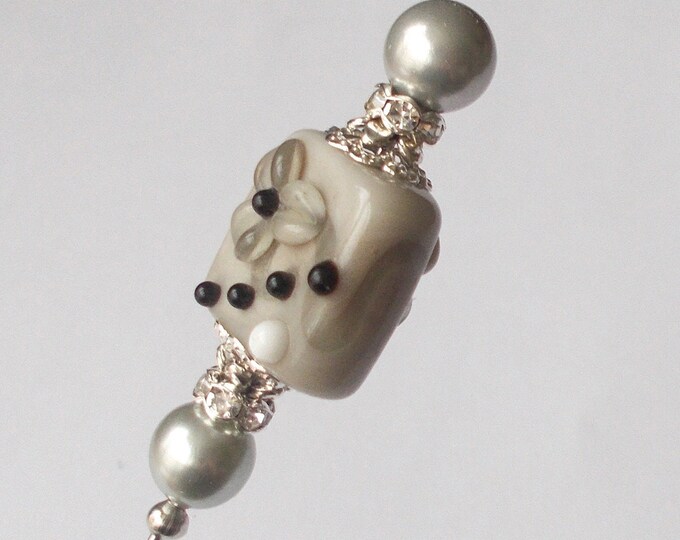 Hatpin - Handmade grey glass and grey faux pearl / silver coloured findings / 6.5 inch Hat Pin / 1mm Diameter Steel Hatpin