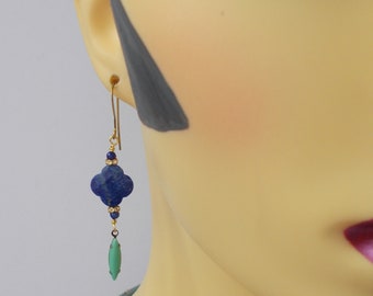 Lovely Lapis Lazuli / Vintage Green Glass Drop Earrings with Vintage Brass Ear Hooks - Gift for Her