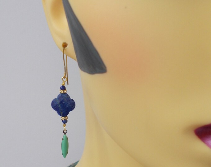 Earrings - Lovely Lapis Lazuli / Vintage Green Glass Drop Earrings with Vintage Brass Ear Hooks - Gift for Her