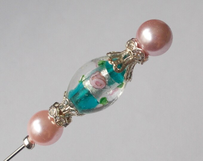 Hatpin - Teal Glass & Pink Faux Pearl Bead Mix 7.25 inch Handmade 1mm Diameter Steel Hatpin / Hat Pin / Hat Pins