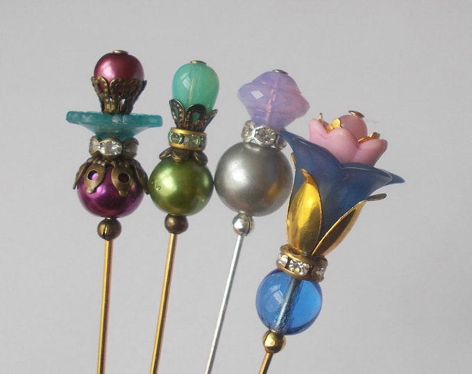4 x Pretty Faux Pearl / Glass / Lucite Bead 3 inch Handmade Hijab / Lapel Pin / Dividers for Lace Makers / Veil Pin / Hat Pin / Hatpin