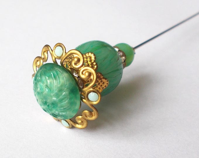 Hatpin - Stunning Green Mix Limited Edition Glass Bead & Gold Coloured Finding 7.25 inch Handmade Hatpin / 1mm Diameter Steel Hat Pin