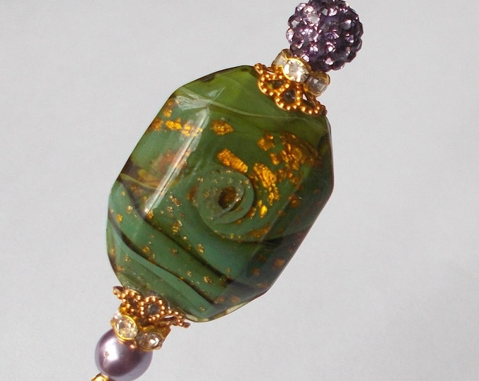 Hatpin - Pretty Lilac and Green Glass Bead / Gold Coloured Finding 7.25 inch Handmade Hatpin / 1.2mm Diameter Steel Hat Pin - Gift for Her