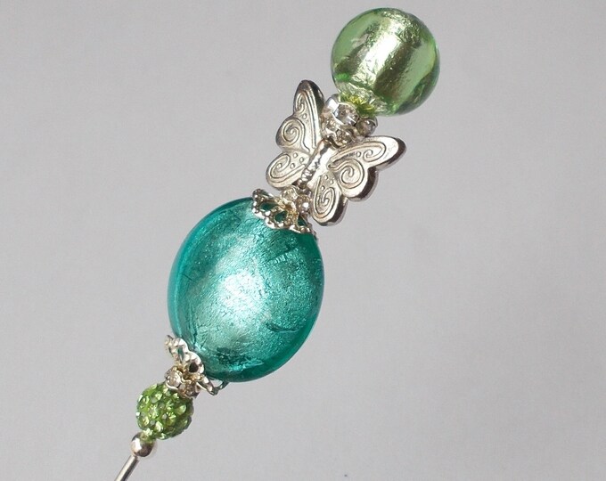 Hatpin - Pretty Blue & Green Mix Glass Bead / Butterfly 6.25 inch Handmade 1.2mm Diameter Steel Hatpin / Hat Pin / Hat Pins
