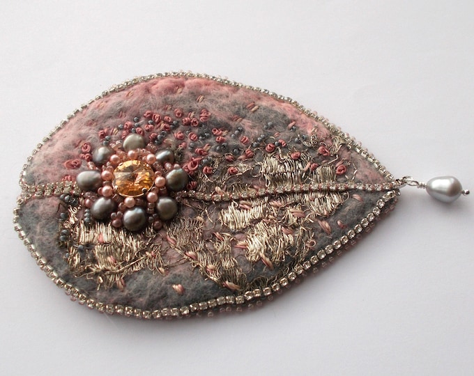 Brooch -  Regency Tudor Style Hand Felted Brooch with Hand Embroidery with Pearls and Beadwork.