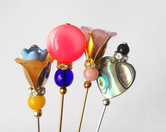 4 Hijab / Lapel / Veil Pins - Handmade Glass / Faux Pearl & Lucite Hat Pins