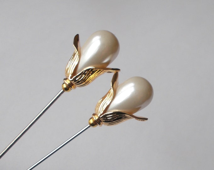Veil Pin - 3.5 Inch Long Snowdrop Inspired White Faux Pearl Hat Pin/ Veil Pin/ Gold Findings - Handmade 1mm or 1.2mm Diameter Steel Hat Pins