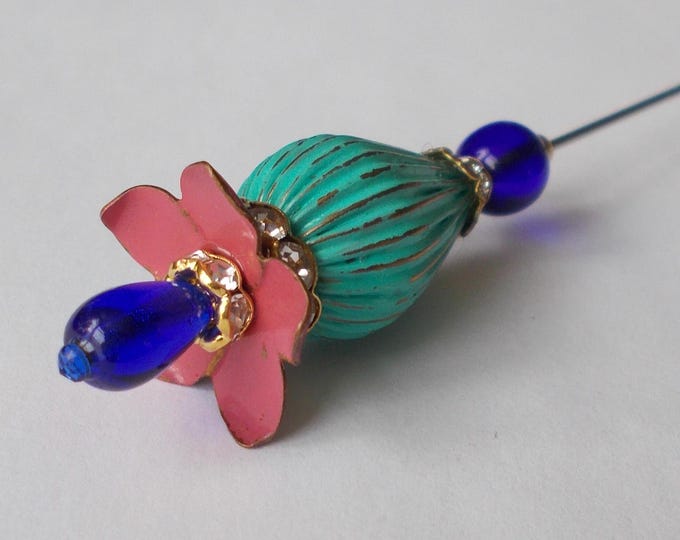 Hatpin - Pretty Cobalt Blue Mix Glass & Vintage Flower Finding 6 inch Handmade Hatpin / 1mm Diameter Steel Hat Pin - Gift for Her
