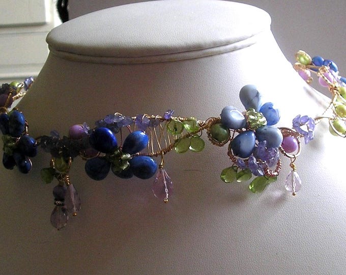 Handmade Amethyst Peridot Tiara: Blue Howlite Pearl Headband