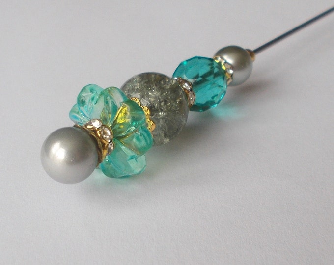 Hatpin - Pretty Grey Faux Pearl and Green Glass Bead / Gold Coloured Finding 7.25 inch Handmade Hatpin / Hat Pin
