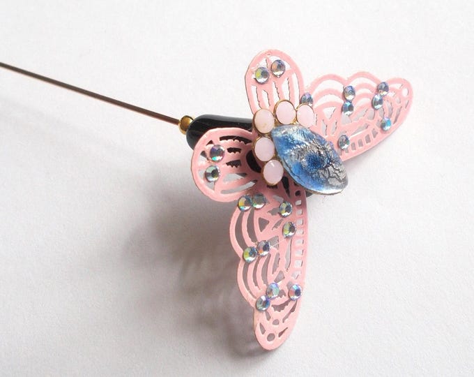 Hatpin - Rhinestone Decorated Metal Butterfly and Glass Bead 6.5 inch Handmade Hatpin / Hat Pin