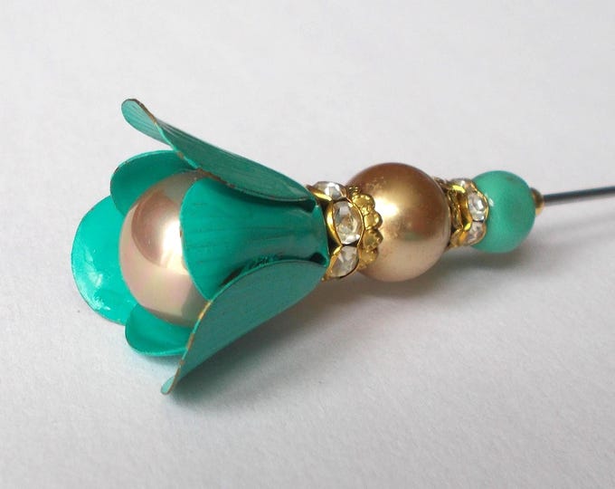 Hatpin - Champagne Faux Pearl with Vintage Turquoise Coloured Bead Cap 5.5 inch Handmade 1.2mm Diameter Steel Hatpin / Hat Pin