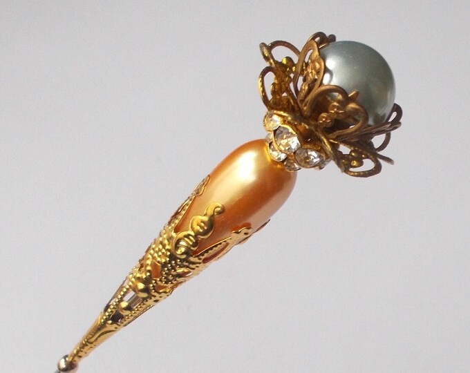Hatpin - Pretty Orange and Pale Blue Faux Pearl / Gold Coloured Filigree 7.25 inch Handmade Hatpin / 1.2mm Diameter Steel Hat Pin
