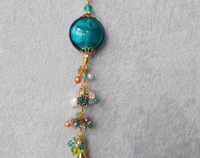 Bag Charm - Pretty Handmade Artisan Peacock Blue / Green / Orange / Pearl Handbag Charm - Gift for Her