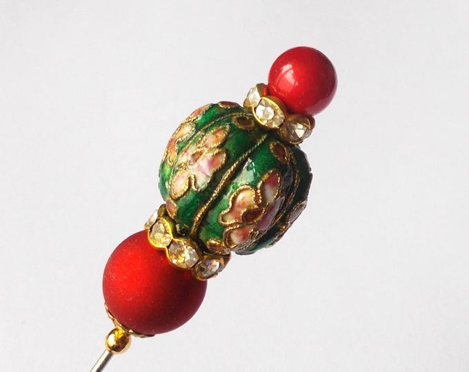 Hatpin - Pretty Handmade Green Cloisonne and Red Lucite 6.5 inches - 1.2mm Diameter Steel Pin