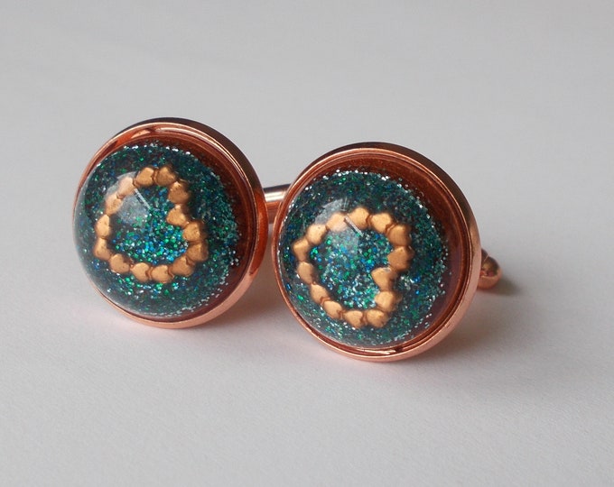 Cufflinks - Blue and Copper Heart Lightweight Resin Cuff links with Rose Gold Coloured Base and Backs