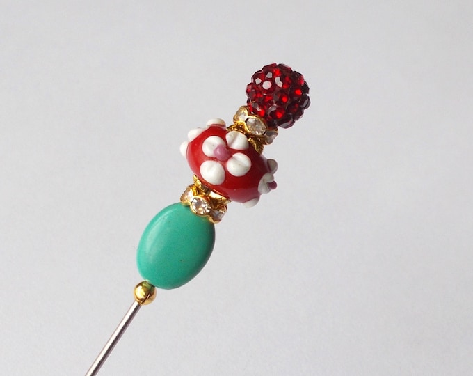 Hatpin - Lovely Green Stone and Red Glass Bead 5 inch Handmade 1.2mm Diameter Steel Hatpin / Hat Pin / Gift For Her