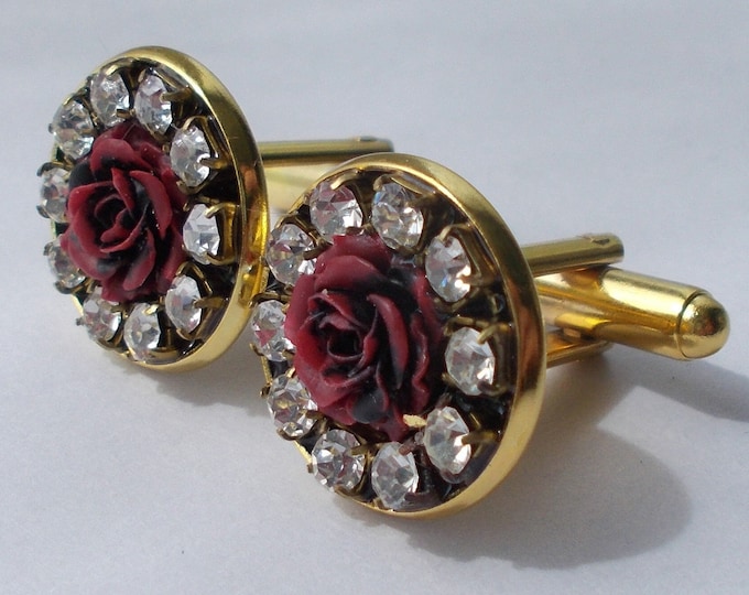 Cufflinks - Red Rose and Rhinestone Lightweight Cuff links with Gold Coloured Base and Backs