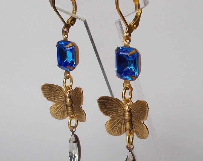 Earrings - Vintage Clear and Blue Glass Rhinestones with Brass Butterfly and Findings - Earrings - Gift for Her