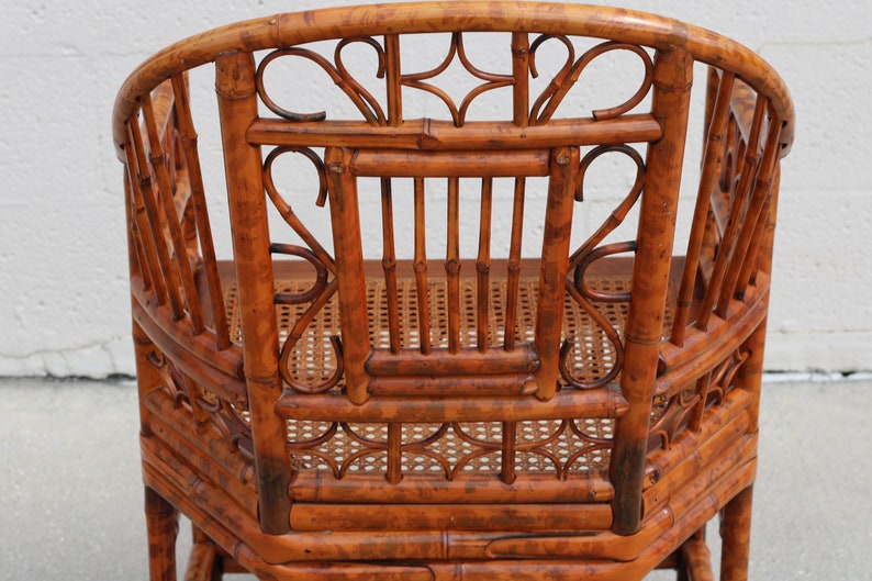 Vintage Brighton Pavilion Style Burnt Bamboo Tortoiseshell Arm Chairs, a Pair image 10