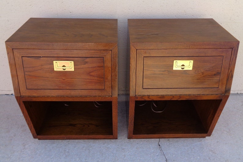 VVH Vintage Pair Henredon Scene One Nightstands Campaign End Tables Mid Century Modern Pull-Down Drawer Front Shelf Brass Hardware TLC*
