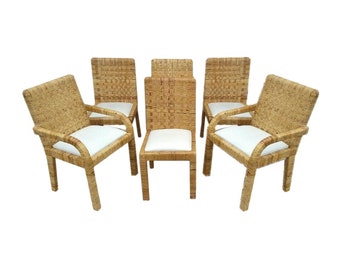 Woven Rattan Dining Chairs in the Style of Billy Baldwin, Set of 6