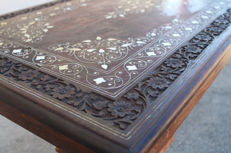 Vintage Anglo Indian Carved and Inlaid Rosewood Coffee Table image 2