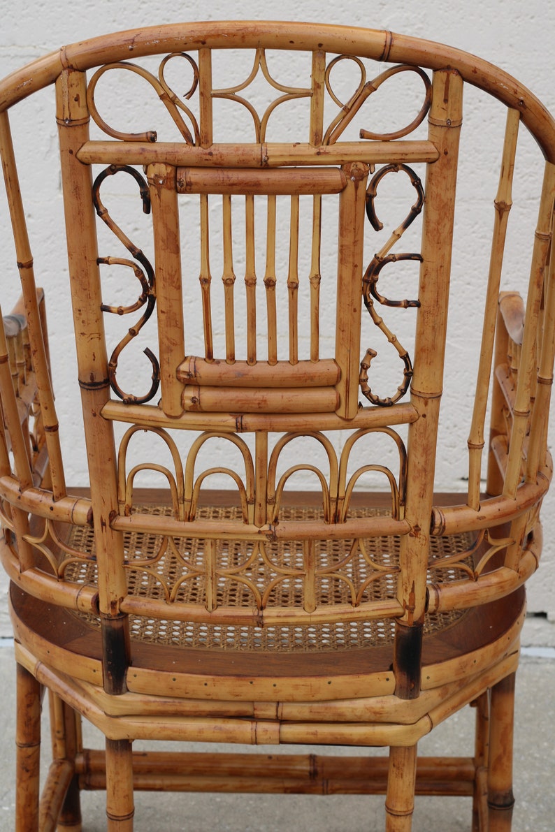 High Back Vintage Brighton Pavilion Style Burnt Bamboo Armchairs, a Pair image 7