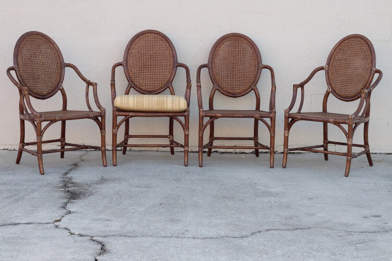 Authentic Set of 4 McGuire Rattan Cane Back Arm Chairs Organic Modern Palm Beach Hollywood Regency afbeelding 5
