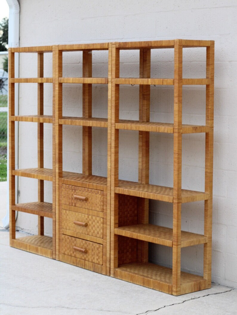 Vintage 3-Piece Billy Baldwin Style Woven Rattan Etagere Wall Unit image 3