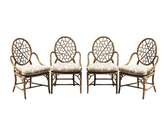 Set of Four Authentic Iconic McGuire Cracked Ice Dining Armchairs with Label Caned Seats Rawhide