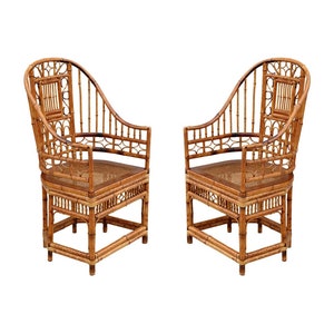 High Back Vintage Brighton Pavilion Style Burnt Bamboo Armchairs, a Pair image 1