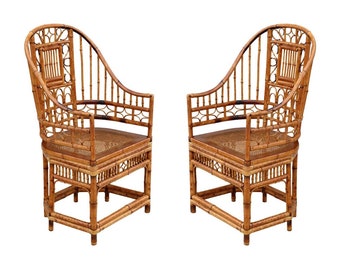 High Back Vintage Brighton Pavilion Style Burnt Bamboo Armchairs, a Pair