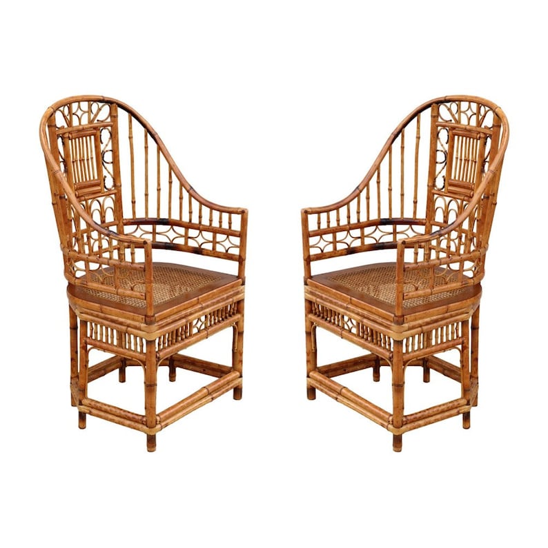 High Back Vintage Brighton Pavilion Style Burnt Bamboo Armchairs, a Pair image 1