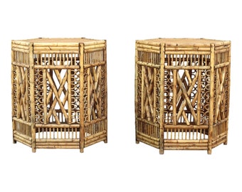 Vintage Brighton Pavilion Style Burnt Bamboo Fretwork Dining Table Bases (for use with Rectangular Glass Tabletop, not included)