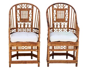 Vtg Pair 2 High Back Brighton Pavilion Burnt Bamboo Cane Fretwork Arm Chairs MCM