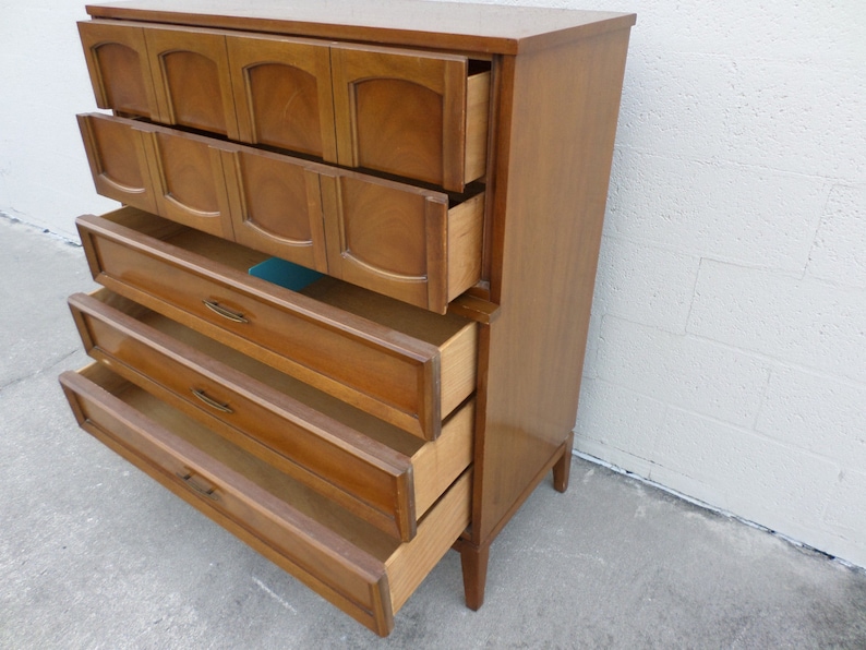 VVH Vintage Mid Century Modern Chest Of Drawers Dixie Mid Century Modern Highboy Mid Century Modern Tall Dresser With Arch Pattern Cutout