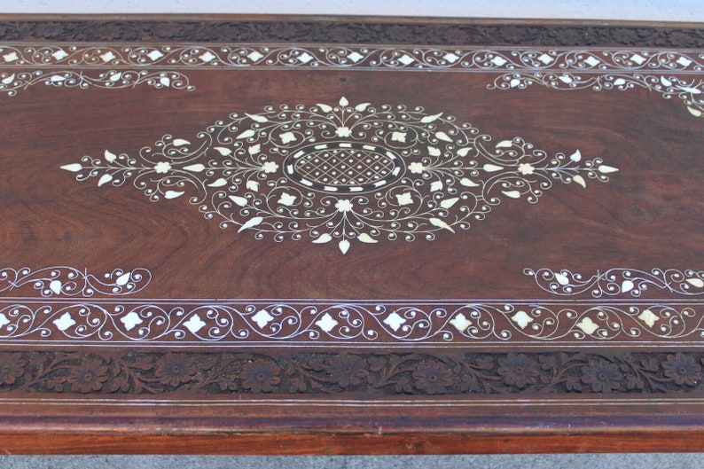 Vintage Anglo Indian Carved and Inlaid Rosewood Coffee Table image 4